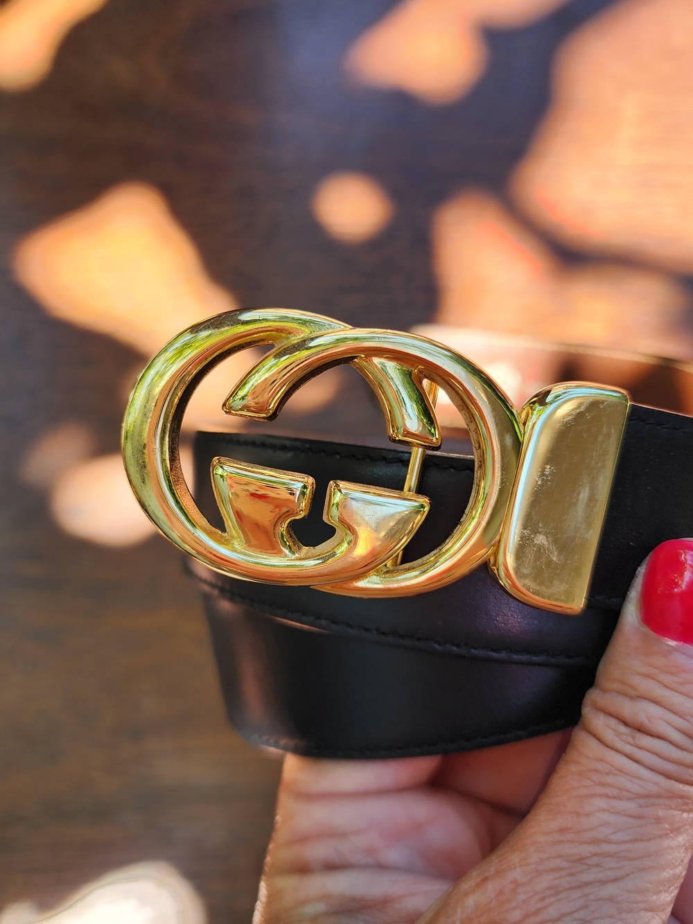 Gucci Double G Black Leather Belt Gold GG Buckle Size 38